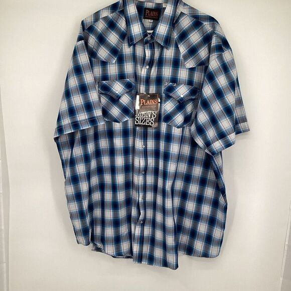 NWT Men's Big and Tall Plains Western Pearl Snap Plaid 3XL Blue/white/red - Picture 1 of 6